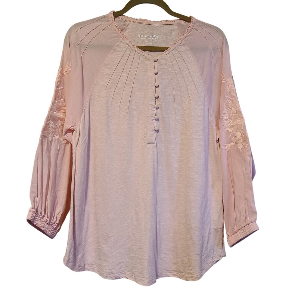 Soft Surroundings Women M Shirt Lagenlook Sheer Floral Embroider Puff Sleeve